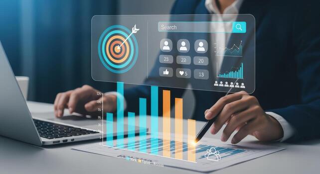 Business Intelligence Interface Man Analyzing Digital Data and Charts on Transparent Screen for Success photo