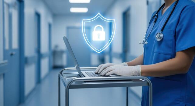 Medical Professional Using Laptop with Data Security Overlay in Hospital Corridor for Privacy Concepts photo