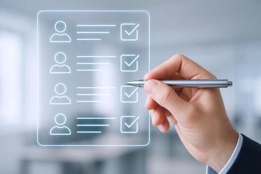 mano con bolígrafo comprobación cajas en digital Lista de Verificación, resumen negocio concepto foto