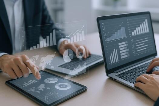 Business Analysis with Digital Interface Data Visualization on Laptop, Tablet, Financial Charts, and Graphs photo