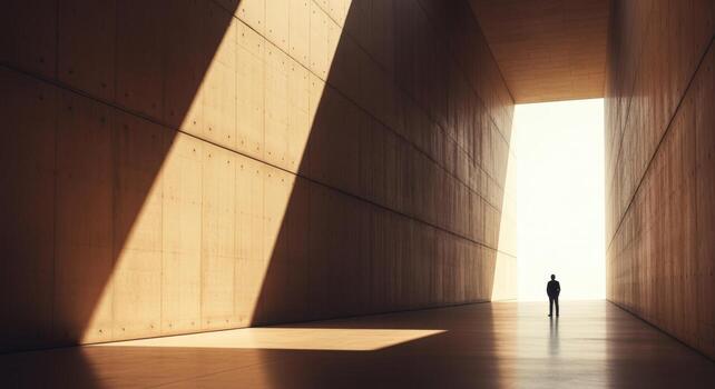 Person Standing in a Concrete Corridor with Sunlight Streaming Through, Creating a Sense of Hope and Opportunity photo