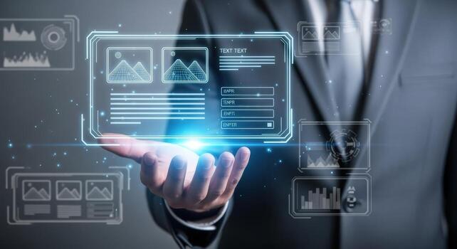 Advanced Technology Interface Displayed by Business Professional, Showcasing Modern User Experience and Data Visualization Solutions photo