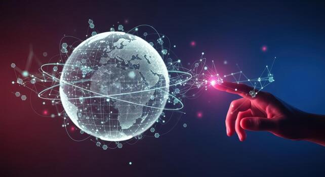 Global network communication and future technology concept, with human hand touching global data connection photo