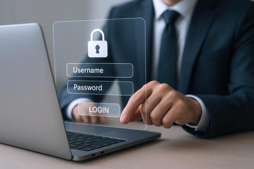 Secure Online Access Businessman Logging into Laptop with Password Protection for Data Security photo
