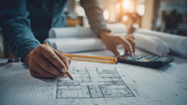 Architectural Designer Reviewing Blueprints with Calculator and Drafting Tools for Design Accuracy and Building Project Management photo