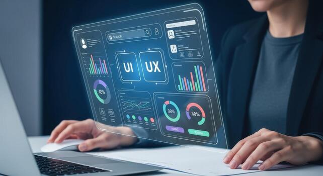 Businesswoman Analyzing UI UX Data on Transparent Screen for User Interface Design and Future Technology photo
