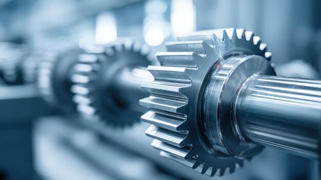 Metal Gears on Shaft Precision Manufacturing, Industrial Engineering, and Mechanical Components in Close-up View photo