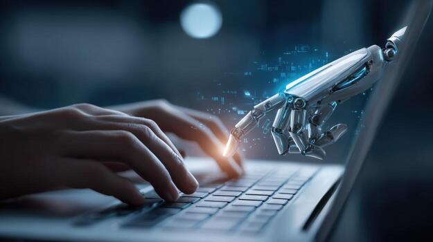 Robot Hand Assisting Human Typing on Laptop Future of Work and AI Collaboration photo