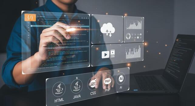 Software Developer Writing Code on Transparent Display with Cloud Computing and Artificial Intelligence photo