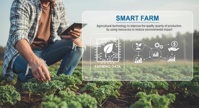 Smart Farm Technology Farmer Inspecting Crops with Digital Interface Displaying Agricultural Data and Sustainable Practices photo