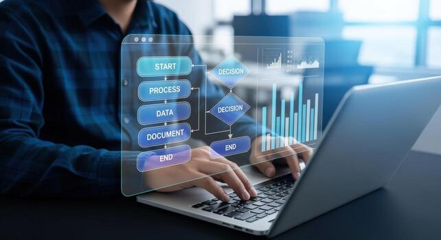 Business Analysis Man Working on Laptop with Data Flowchart, Digital Transformation, and Automation photo