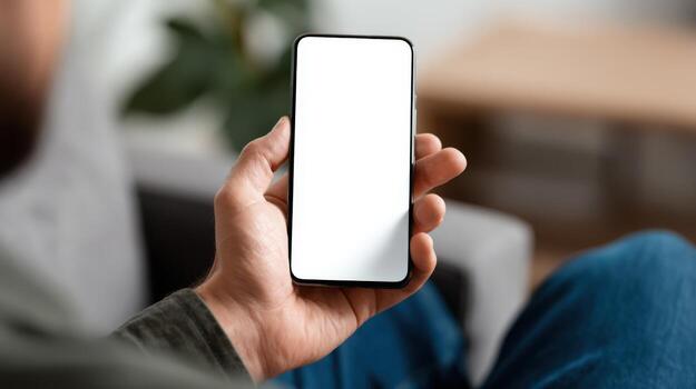 Man Holding Smartphone with Blank Screen, Modern Mobile Phone Mockup for App Promotion and UI Design photo
