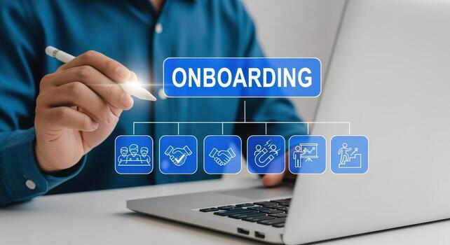 Digital Onboarding Process with Laptop and Stylus, Demonstrating New Employee Integration and Workflow Optimization photo
