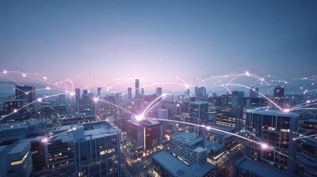 Connected Cityscape at Dusk Modern Urban Network with Digital Communication Infrastructure and High-Rise Buildings photo