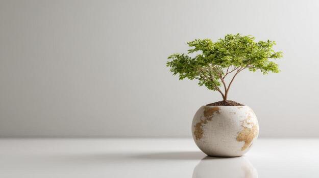 Small Tree Growing in a Globe-Shaped Pot on a White Table, Representing Environmentalism and Conservation photo