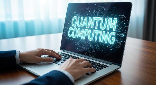 Quantum Computing Technology Laptop Displaying Futuristic Concepts of Qubit Processing and Quantum Supremacy in Innovation photo