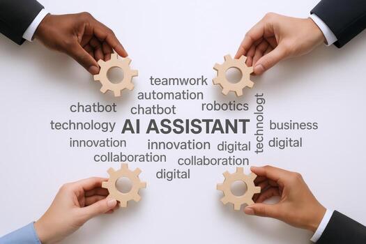 Diverse hands assembling gears around AI assistant text, symbolizing collaboration and innovative technological solutions photo