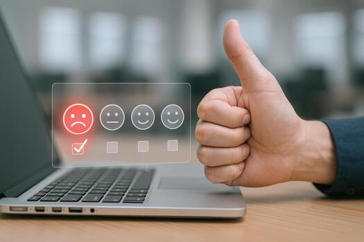 Customer Feedback Interface Displayed on Laptop with Thumbs Up Gesture Conveying Negative Review or Unsatisfactory Experience photo
