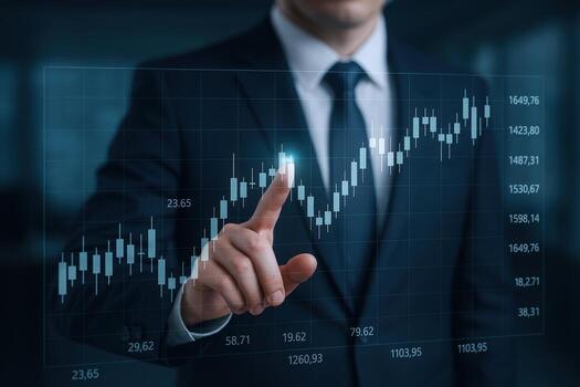 Professional Man Analyzing Stock Market Chart on Digital Screen Displaying Growth and Financial Success photo