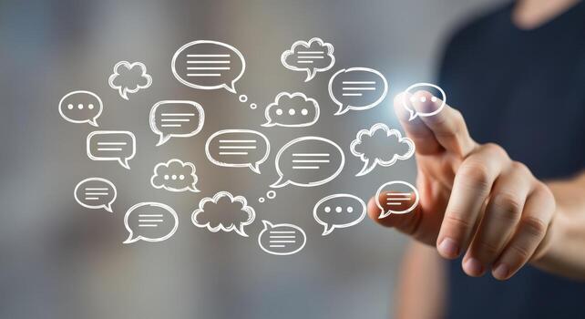 Man Interacting with Digital Speech Bubbles, Representing Communication, Social Media Engagement, and Online Conversation Technology photo