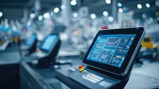 Automated Production Line Control Interface Displaying Real Time Data in a Modern Factory Setting photo