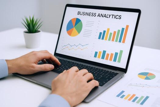 Business Analytics Presentation on Laptop Screen with Charts and Graphs, Data Analysis and Financial Insights photo