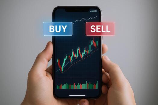 Hands Holding Smartphone Displaying Stock Market Chart with Buy and Sell Options photo