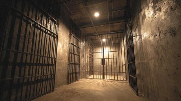 Dark and Ominous Jail Cell Block Confinement, Incarceration, and Justice System Visual Representation photo