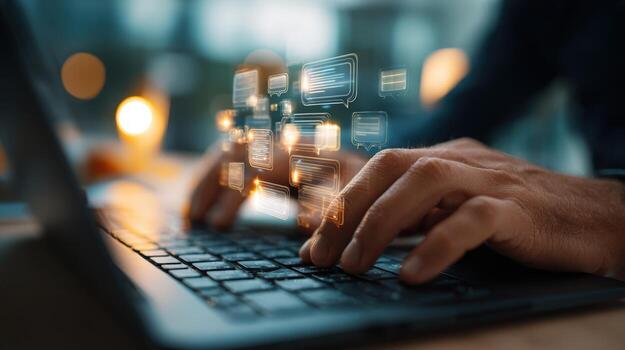 Close-up of hands typing on a laptop with holographic communication interface, showcasing future technology photo