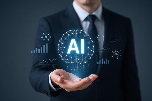 AI Brain Power in Hand Businessman Showcasing Artificial Intelligence Technology and Data Analytics photo