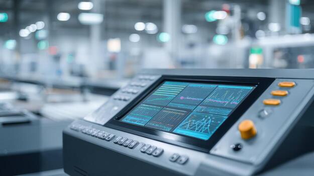 Industrial Control Panel with Touchscreen Display in Manufacturing Plant for Automated Processes photo