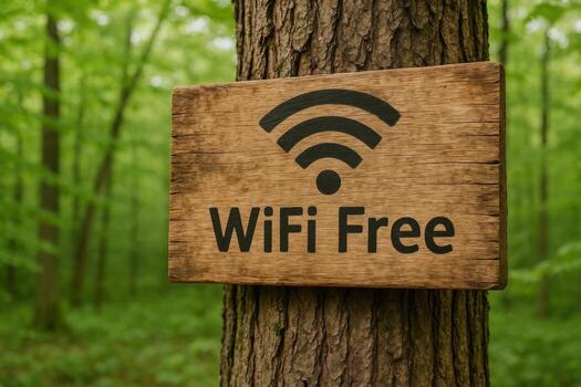 Free WiFi Sign on Tree in Forest Environment Promoting Digital Nomad Lifestyle and Connectivity photo