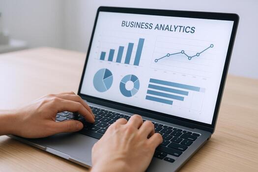 Business Analytics Dashboard on Laptop Screen Displaying Data Visualization Charts for Strategic Decision Making photo