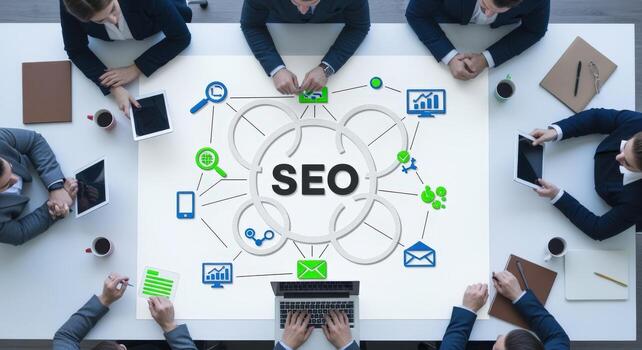 Diverse Business Team Brainstorming SEO Strategies Around a Table, Collaboration for Online Success and Digital Marketing photo