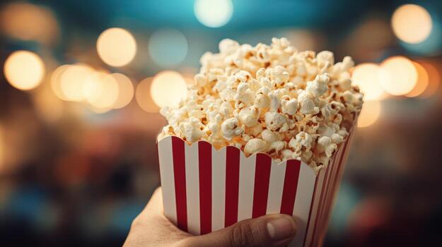 Delicious Popcorn in Red and White Striped Container, Cinematic Feel and Warm Bokeh Background photo
