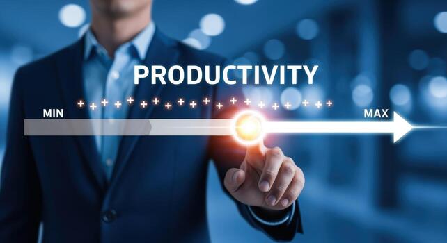 Productivity Optimization Concept Businessman Adjusting Slider Towards Maximum Efficiency and Achievement in a Corporate Setting photo