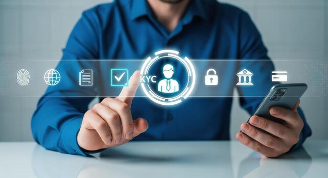 Man using smartphone for KYC verification with a digital interface, modern technology and secure digital identity photo