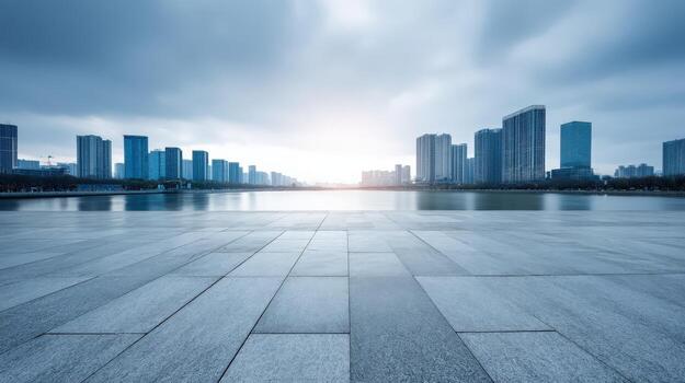 Cityscape Skyline Reflection on Water Under Cloudy Sky, Featuring Modern Architecture and Urban Development photo