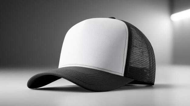 Blank Trucker Hat Mockup Featuring a White Front Panel and Black Mesh Back for Customization photo