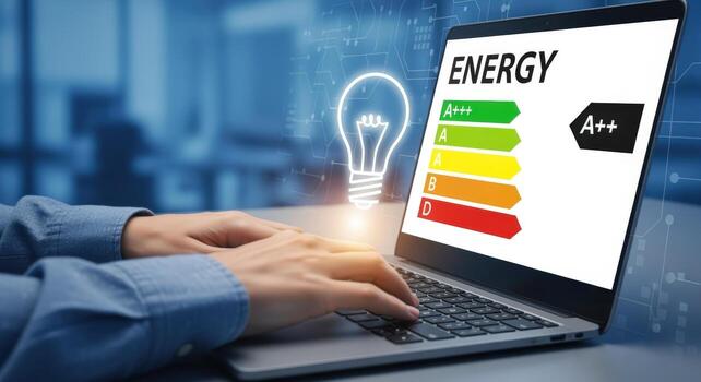 Energy Efficiency Concept Hands on Laptop with Energy Rating Chart Display for Saving, Conservation, and Sustainability photo