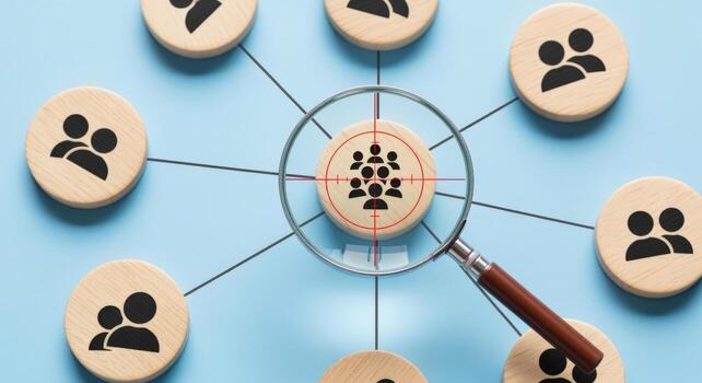 Targeted Audience Concept Magnifying Glass Focuses on a Group, Network Connecting Individuals for Recruitment or Marketing photo