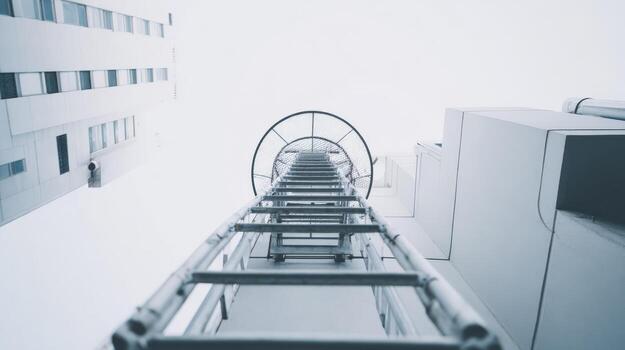 Abstract Low Angle View of Metal Ladder on Building Exterior Leading Upward photo