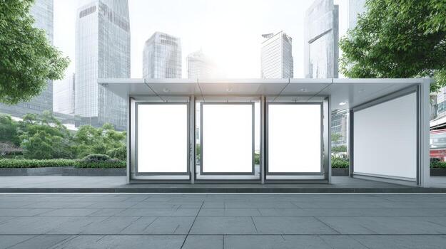 Urban Bus Shelter Advertisement Mockup Featuring Three Blank Lightboxes in a Modern City Environment photo