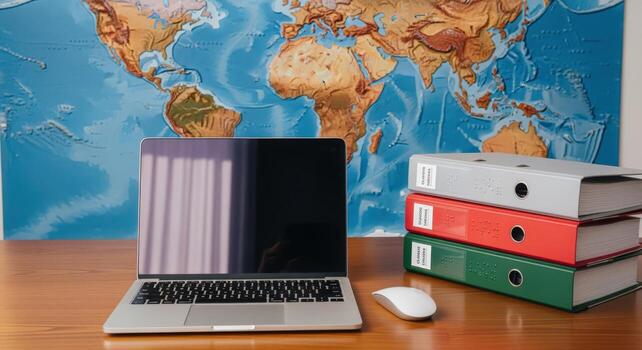 Laptop and Folders on Desk with World Map Backdrop Representing Global Business Operations and Strategy photo