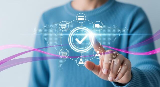 Online Shopping Security and Secure Payment Technology Concept Hand Touching a Digital Interface Screen photo