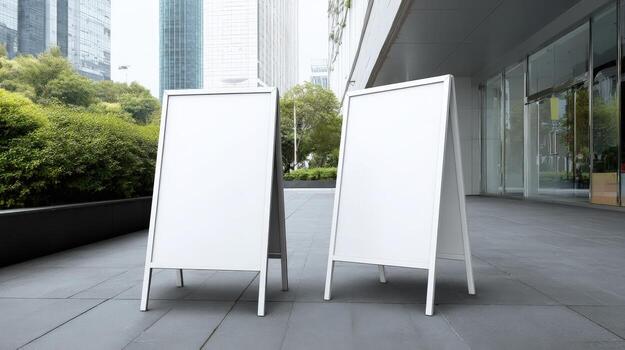 Two Blank A-Frame Signs Stand Ready for Custom Messaging in an Urban Setting Promoting Businesses photo