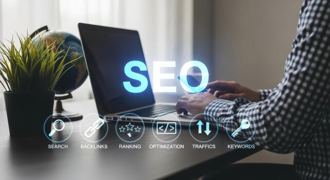 SEO Strategy Laptop Concept Man Working with Search Engine Optimization, Rankings, and Digital Marketing photo
