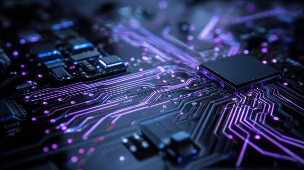 Intricate Motherboard Details with Purple Light Trails High-Tech Circuitry for Modern Technology Applications photo