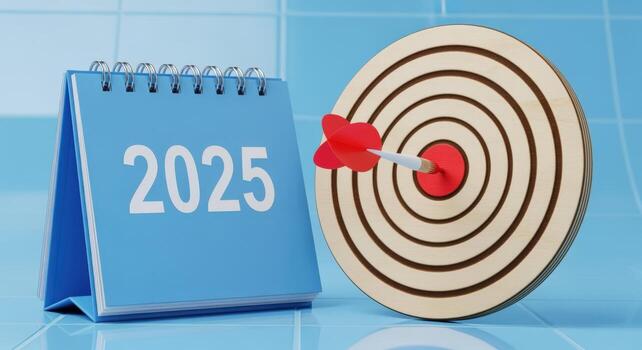 2025 Goal Achievement Calendar and Dart on Target Board, Demonstrating Future Planning and Success photo