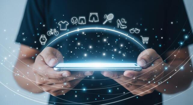 Hands Holding Smartphone with E-commerce Icons Displayed Above, Representing Online Shopping and Digital Marketing Concepts photo